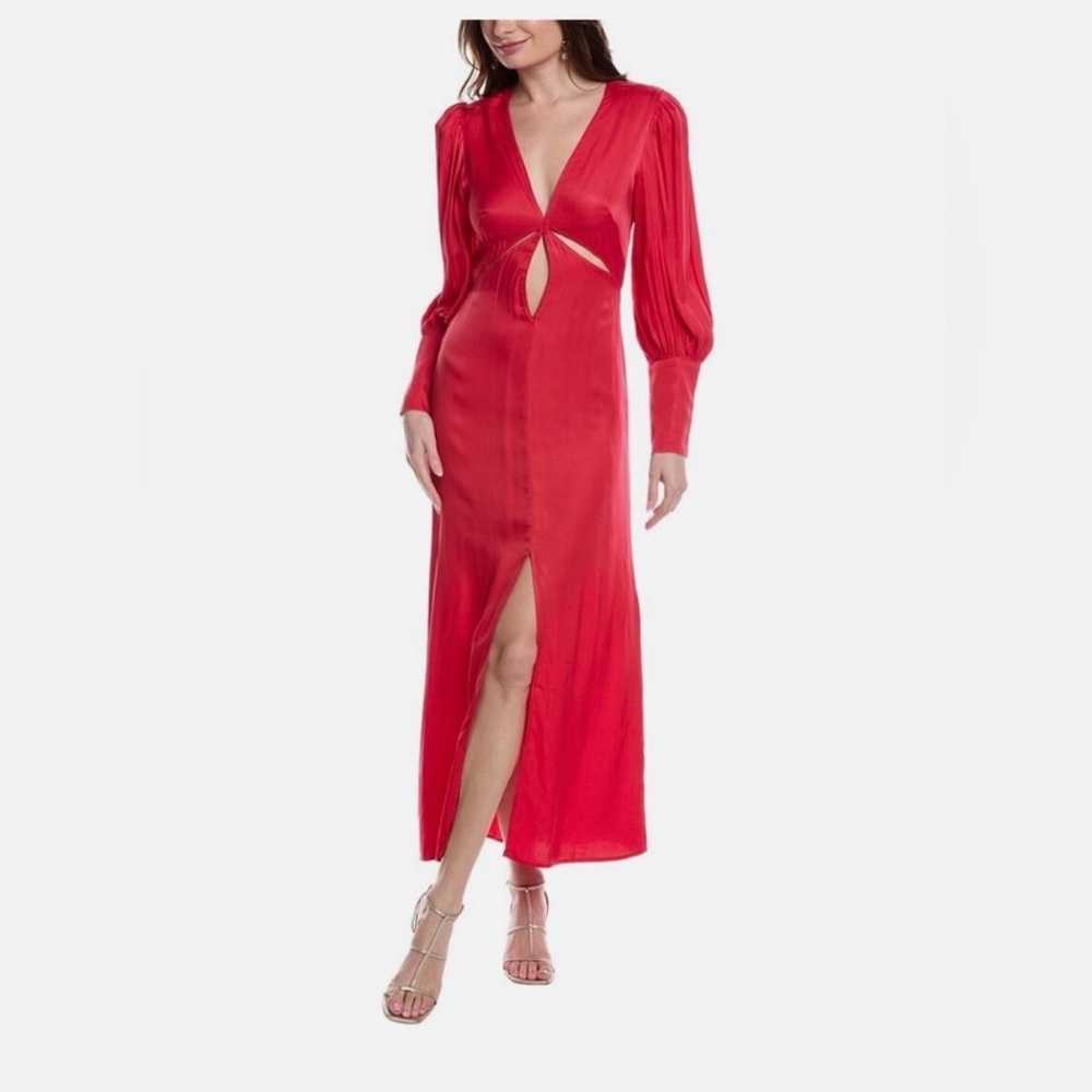 FARM Rio Red Cutout Long Sleeve Maxi Dress with Front Slit